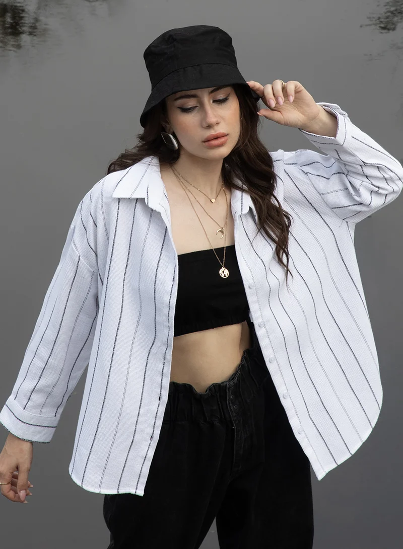 كامبوس سوترا Women's Daisy White Woven Stripe Oversized Shirt For Casual Wear | Spread Collar | Long Sleeve | Button Closure | Oversized Shirt Crafted With Comfort Fit For Everyday Wear